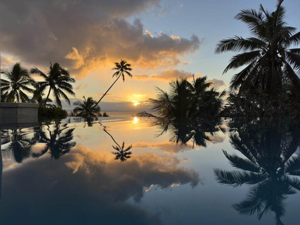 Horizon Spa Villa sunset with coconut palms overlooking the Somosomo Strait Taveuni Palms Resort Fiji