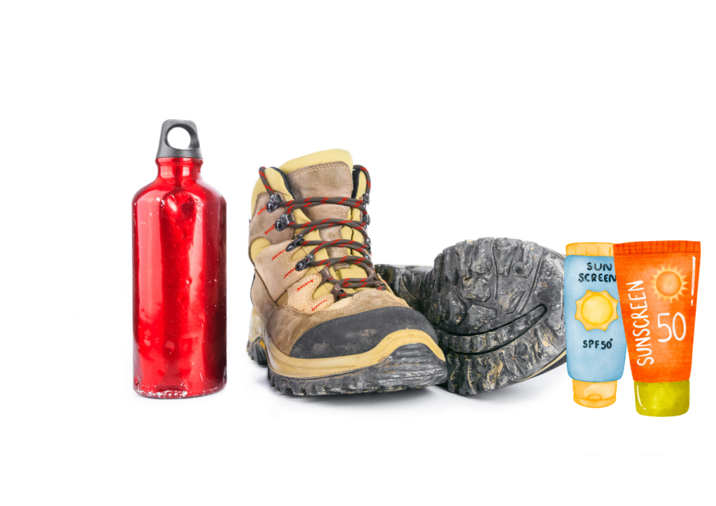 Hiking boots, water bottle and sunscreen.